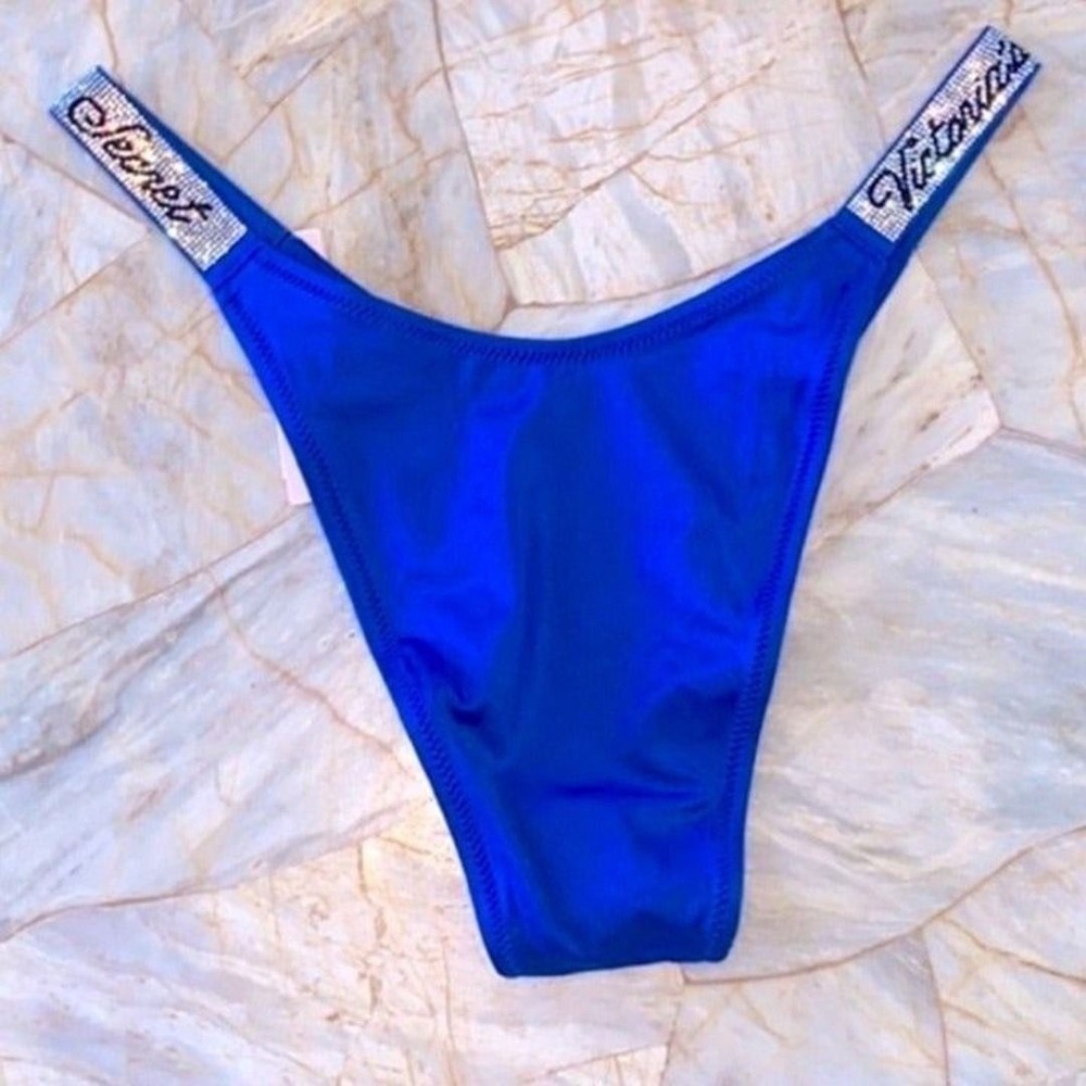 XSmall Victorias Secret Swim BOMBSHELL BIKINI BOTTOM Silver Shine Strap Blue - Picture 3 of 6